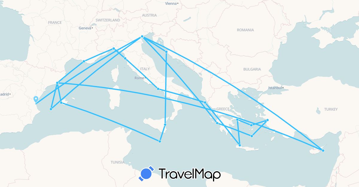 TravelMap itinerary: driving, boat in Cyprus, Spain, France, Greece, Croatia, Italy, Malta, Turkey (Asia, Europe)