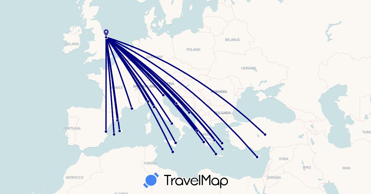 TravelMap itinerary: driving in Cyprus, Spain, France, United Kingdom, Greece, Croatia, Italy, Malta, Turkey (Asia, Europe)